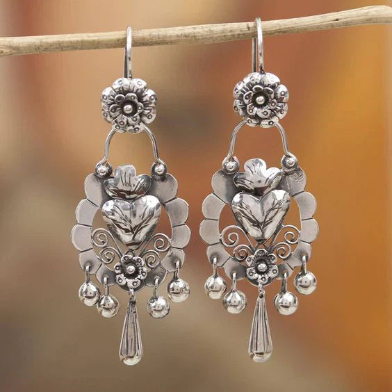 Vintage silver earrings with dangling heart and flower motifs- Eliza