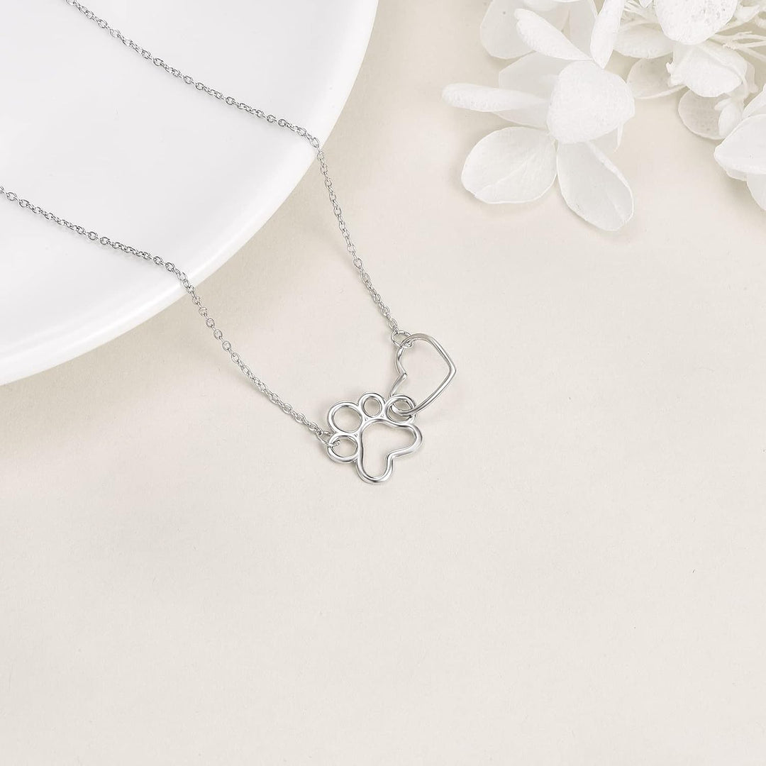 Sterling Silver Paw Print Necklace – Heart Crystal Pendant 1