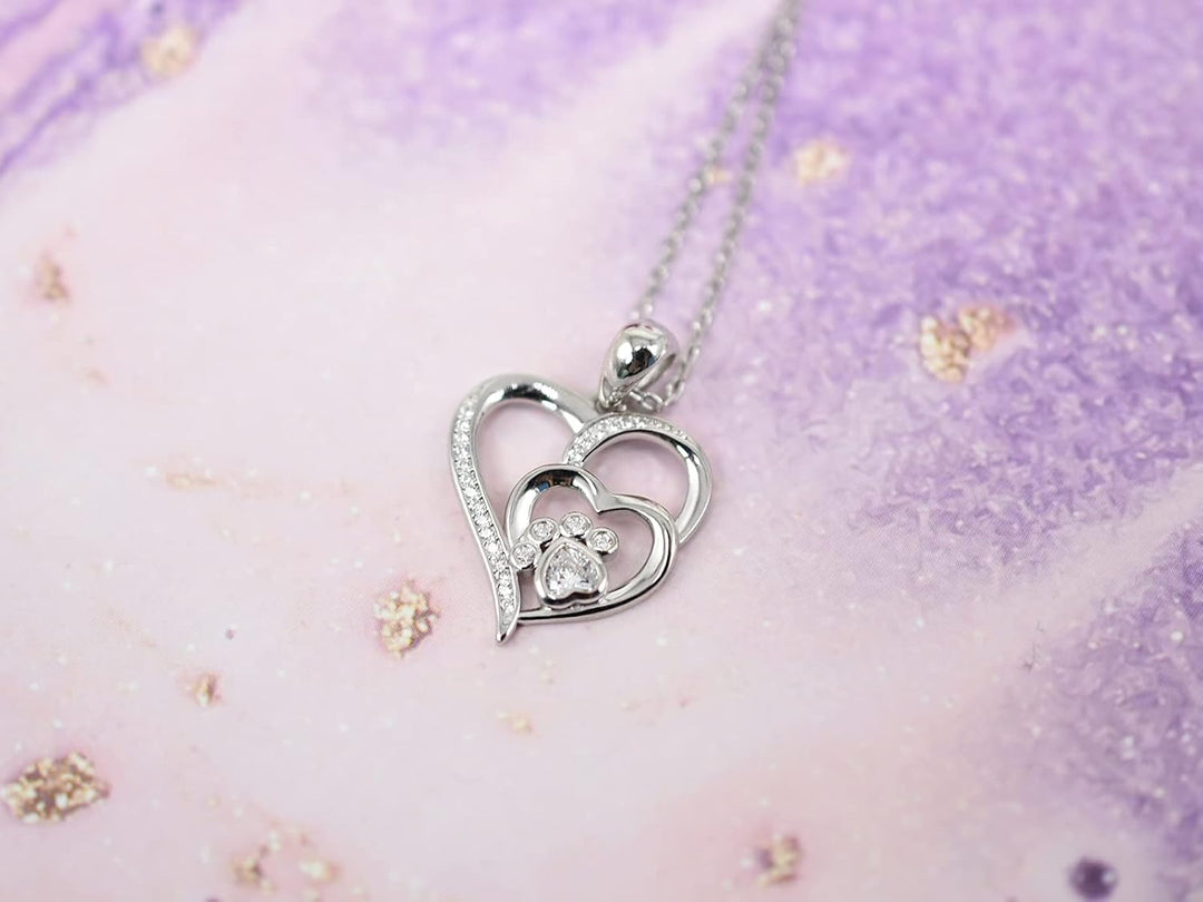 Sterling Silver Paw & Heart Necklace with Zirconia 2