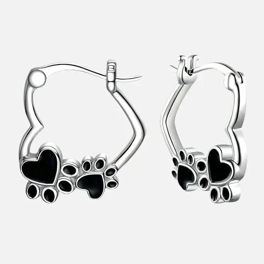 Hensley - Huggie-Creoles with heart & paw, silver with black enamel