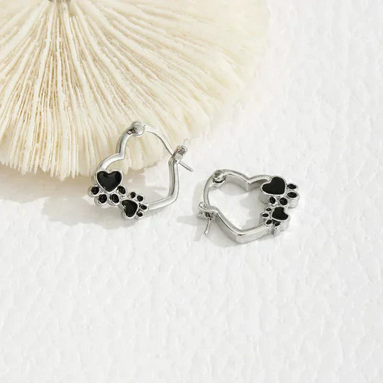 Hensley - Huggie-Creoles with heart & paw, silver with black enamel
