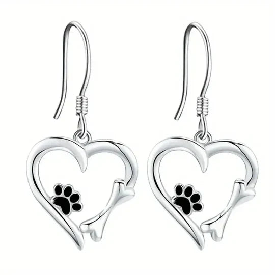 Yaritza- silver drop earrings with heart, paw & bones