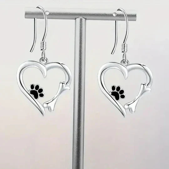 Yaritza- silver drop earrings with heart, paw & bones
