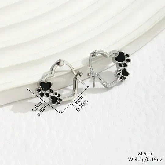 Hensley - Huggie-Creoles with heart & paw, silver with black enamel
