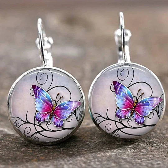 Bethany - Round vintage butterfly earrings with crystal