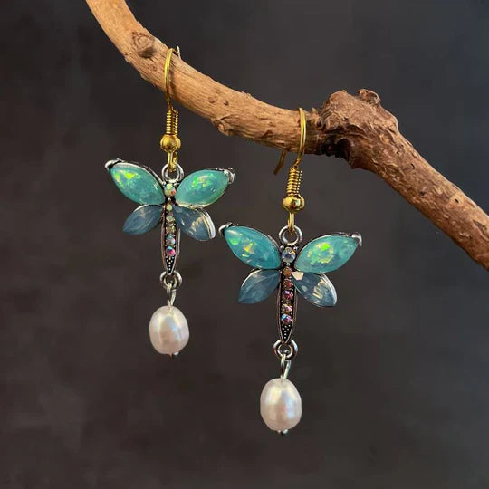 Kayleigh - Vintage butterfly earrings with green opal & pearl