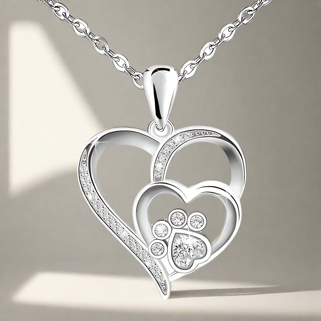Sterling Silver Paw & Heart Necklace with Zirconia 1